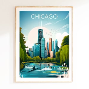 Chicago Illinois Travel Print, Chicago Skyline, Art Print, Travel Print, Travel Poster, Wall Art