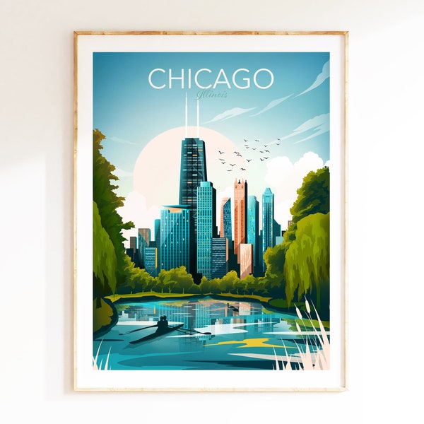 Chicago Illinois Travel Print, Chicago Skyline, Art Print, Travel Print, Travel Poster, Wall Art