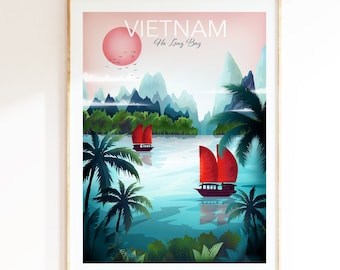 Vietnam Wall Art, Ha Long Bay Print, Vintage Travel Poster, Asia Art, Tropical wall art, Bedroom Wall Art, Travel Gift, Wedding Gift