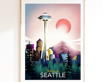 Seattle Washington Travel Poster featuring Seattle Skyline, Pacific Northwest, Living Room Wall Art, Travel Gift