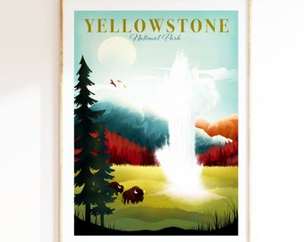 Yellowstone National Park Print featuring Old Faithful, National Park Poster, Wyoming Wall Art, Wall Art Prints, Travel Gift