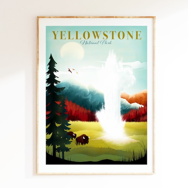 Yellowstone National Park Print featuring Old Faithful, National Park Poster, Wyoming Wall Art, Wall Art Prints, Travel Gift