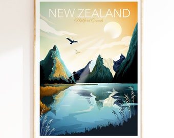 New Zealand Print, National Park Poster featuring Milford Sounds, Travel Wall Art, Travel Poster