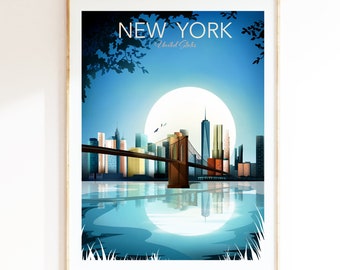 New York Print, featuring Brooklyn Bridge, New York Wall Decor, New York Travel Art, Travel Theme Nursery, Manhattan Skyline Cityscape