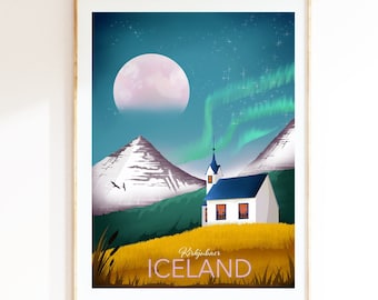 Iceland Northern Lights Print | Vintage Travel Poster