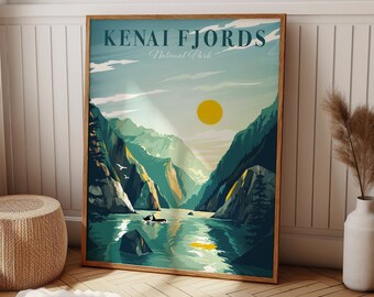 Alaska Wall Art, Kenai Fjords National Park, Vintage Travel Poster, National Park Poster, Orca Print, Adventure Wall Art, Printable Wall Art