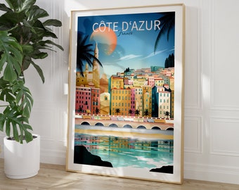 Cote d'Azur French Riviera Print, France Travel Poster, Living Room Office Wall Art, Travel Gift