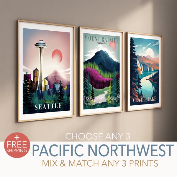 Pacific Northwest Art, Travel Poster, Set of 3 Prints, National Park Gift, Mount Rainier Poster, Seattle, Olympic, Washington State