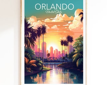 Poster de voyage à Orlando, art mural en Floride, impression de voyage, impression de ville, impressions d'art mural, souvenir, cadeau d'anniversaire, décoration de salle de séjour