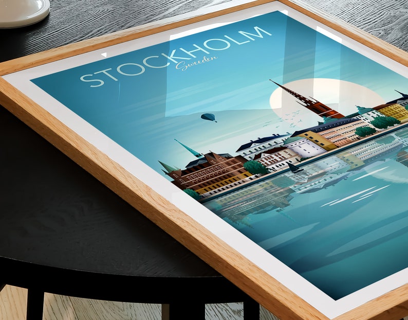 Stockholm print, skyline van Stockholm, Scandinavische kunst aan de muur, reisposter, woonkamer, kantoormuurkunst, cadeau, souvenir afbeelding 2