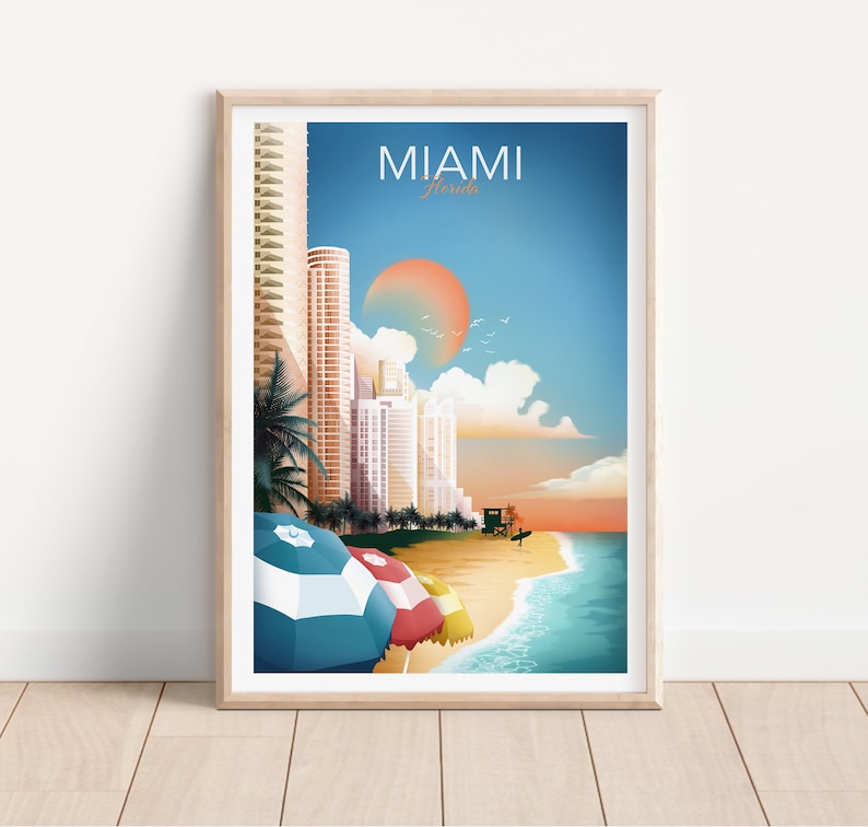 Miami Wandkunst, Miami Skyline, Florida Wandkunst, Reise Thema Wandkunst, Wohnzimmer Dekor, Büro Wandkunst Bild 5