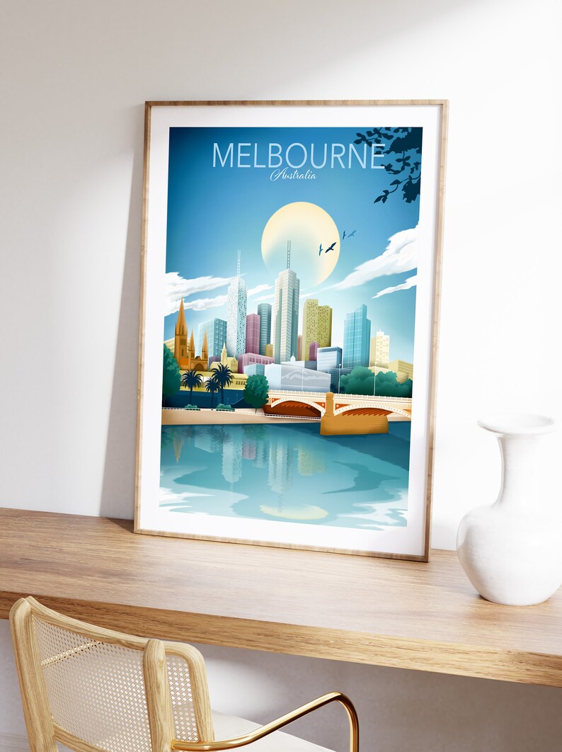 Melbourne Print Poster, Australia Travel poster, Melbourne skyline, Cityscape Poster, Living Room Wall Art, Gift image 4