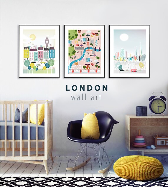 London Print Set Set Of 3 Prints London Map Travel Wall Etsy