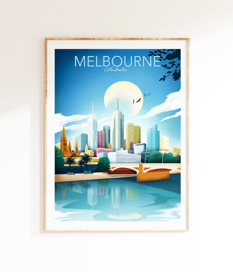 Melbourne Print Poster, Australia Travel poster, Melbourne skyline, Cityscape Poster, Living Room Wall Art, Gift image 1