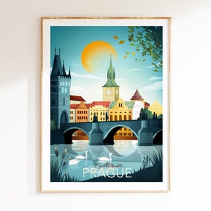 Stampa di viaggio di Praga, Ponte di San Carlo / Skyline di Praga / Arte murale della Repubblica Ceca