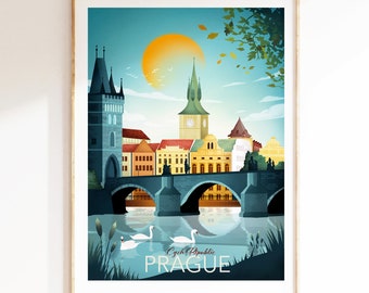 Prague Travel Print, St Charles Bridge | Prague Skyline | Czech Republic Wall Art