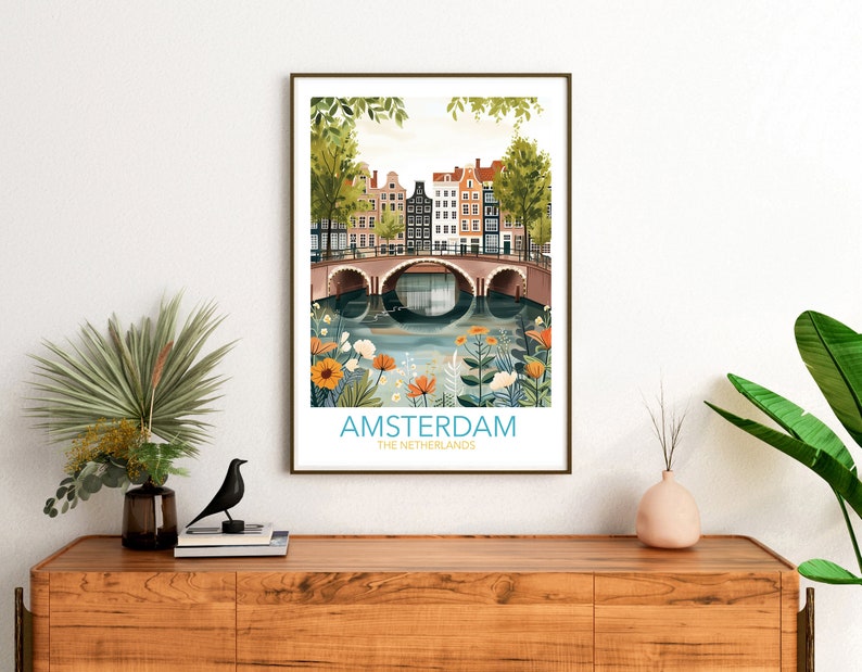 Amsterdam Print, Retro Travel Poster, Amsterdam Wall Art, Esthetische Reiskunst, Souvenir, Kunstcadeau, Huwelijkscadeau, Jubileumcadeau afbeelding 5