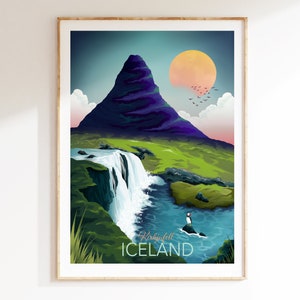 Iceland Poster | Nordic wall art | Kirkjufell Print | Puffin Print | Travel Poster | Wall art prints