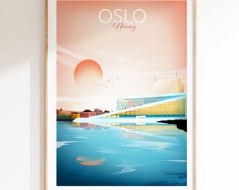 Oslo Skyline Print, Noorwegen Print, Scandinavische kunst, reisposter, reismuurkunst