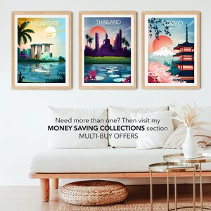 May include: Three framed travel art prints depicting Singapore, Thailand, and Tokyo. The Singapore print shows a cityscape with a palm tree and the text "Singapore". The Thailand print depicts a Buddha statue and the text "Thailand". The Tokyo print shows a pagoda and the text "Tokyo".
