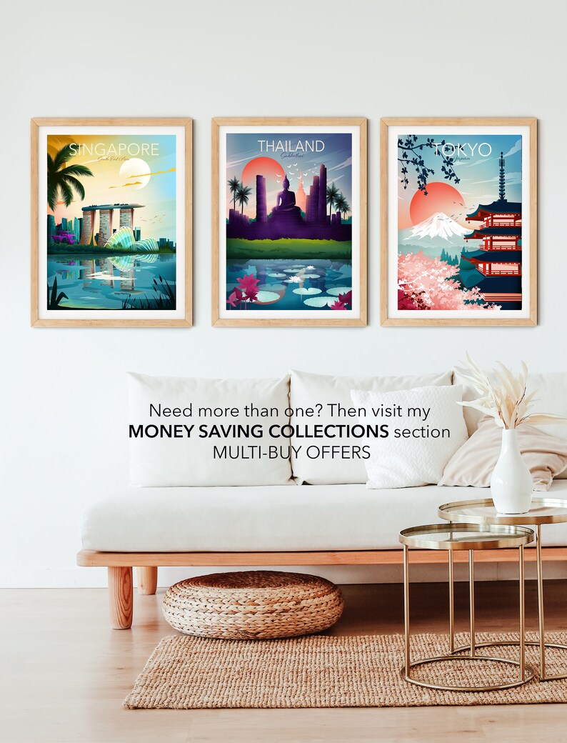 May include: Three framed travel art prints depicting Singapore, Thailand, and Tokyo. The Singapore print shows a cityscape with a palm tree and the text "Singapore". The Thailand print depicts a Buddha statue and the text "Thailand". The Tokyo print shows a pagoda and the text "Tokyo".