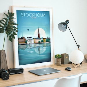 Stockholm print, skyline van Stockholm, Scandinavische kunst aan de muur, reisposter, woonkamer, kantoormuurkunst, cadeau, souvenir afbeelding 4