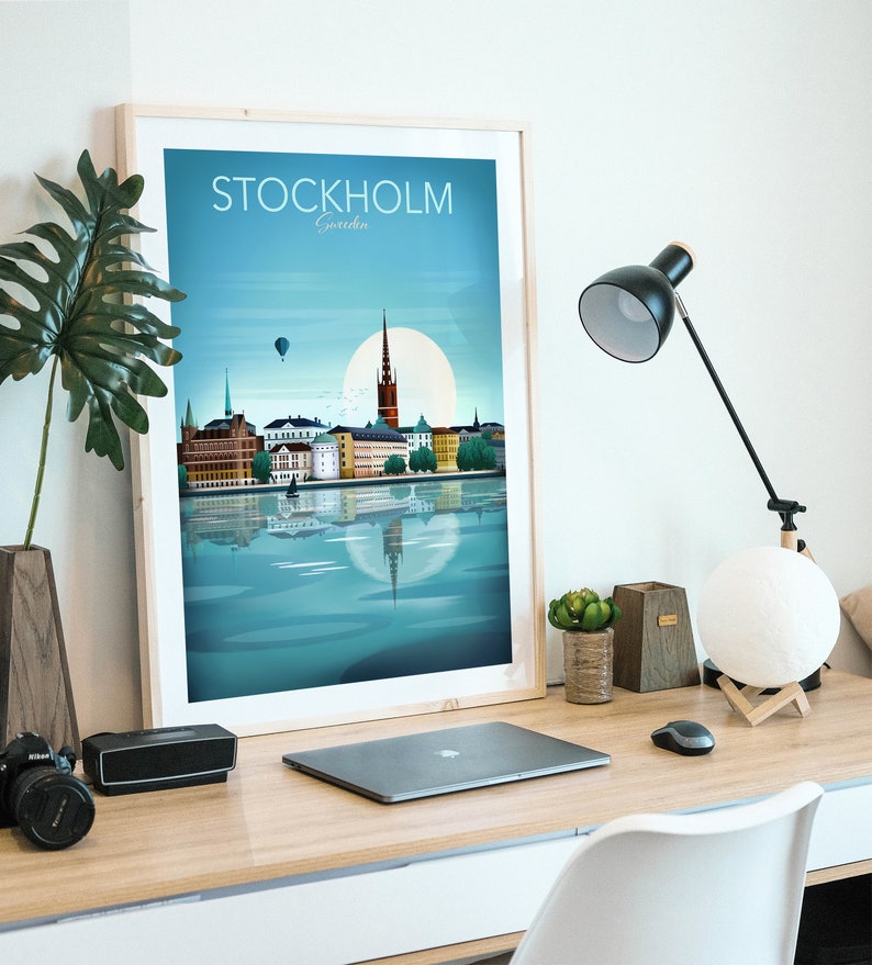 Stockholm print, skyline van Stockholm, Scandinavische kunst aan de muur, reisposter, woonkamer, kantoormuurkunst, cadeau, souvenir afbeelding 4