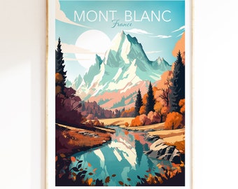 French Travel Poster, featuring Mont Blanc, Mountain wall art, Living Room Decor, Wall Art Print