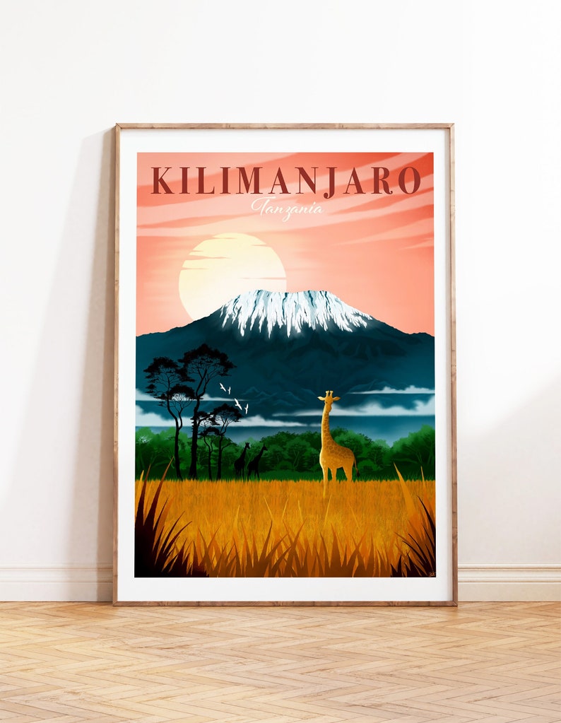 Kilimanjaro print Africa Wall Decor National Park Giraffe Poster Tanzania Wall Art image 1