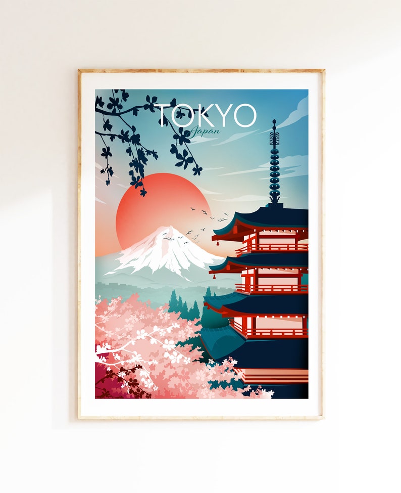 Tokyo travel poster Japan poster, Tokyo Print, Mount Fuji Travel Poster, Asian Wall Art, Travel Wall Decor, Bedroom Wall decor image 1