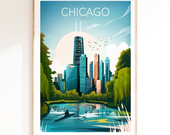 Chicago Wall Art, Illinois Chicago Skyline, Travel Wall Art Prints, Living Room Office Wall, Decor, Gift