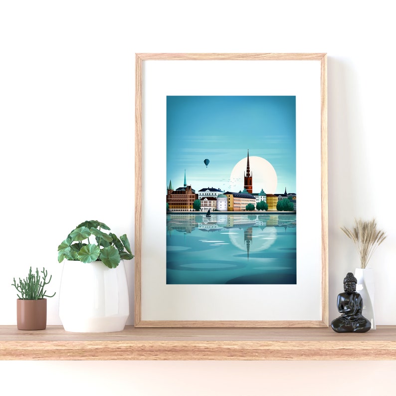 Stockholm print, skyline van Stockholm, Scandinavische kunst aan de muur, reisposter, woonkamer, kantoormuurkunst, cadeau, souvenir afbeelding 6