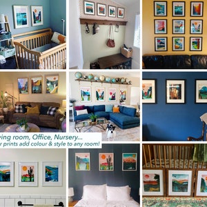 May include: Collection of framed art prints featuring landscape scenes with mountains, trees, and a setting sun. The prints are displayed in various rooms, including a living room and nursery. The text "Living room, Office, Nursery... Our prints add colour & style to any room!" is visible.