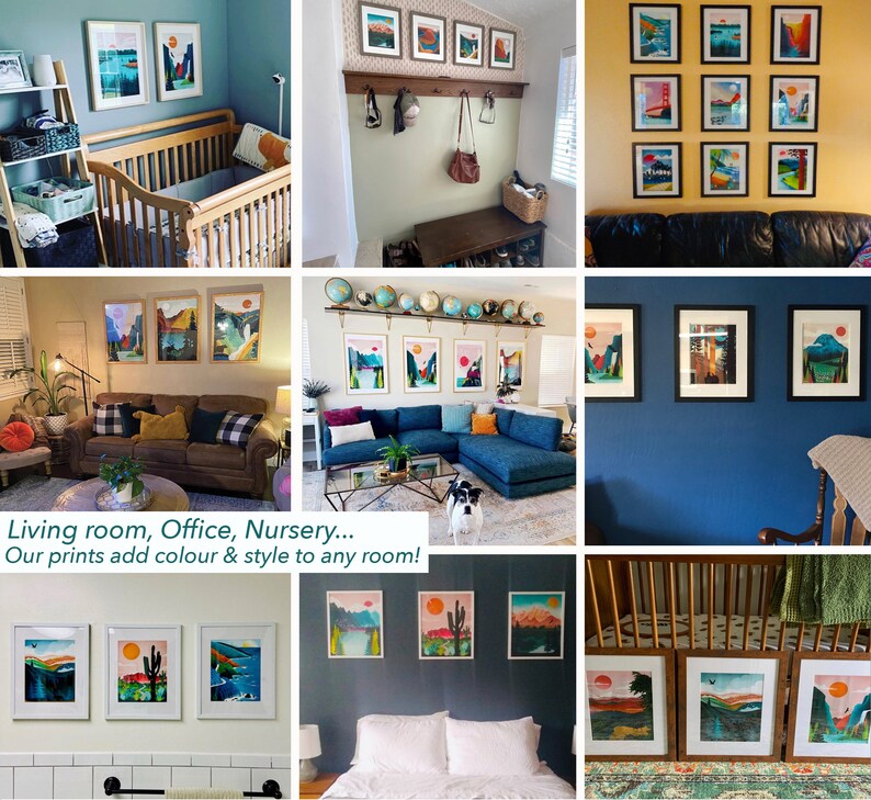 May include: Collection of framed art prints featuring landscape scenes with mountains, trees, and a setting sun. The prints are displayed in various rooms, including a living room and nursery. The text "Living room, Office, Nursery... Our prints add colour & style to any room!" is visible.