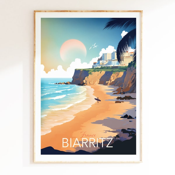 Impression Biarritz, affiche de voyage dans le sud de la France, art mural côtier, impression surf, décoration de salon, souvenir de voyage, impressions d'art mural