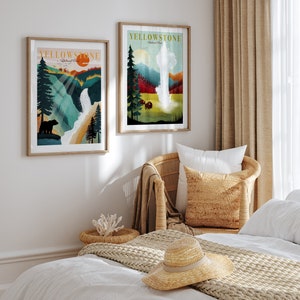 a bedroom with a wicker chair and two posters on the wall