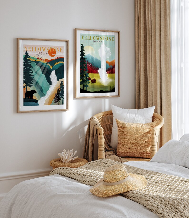 a bedroom with a wicker chair and two posters on the wall