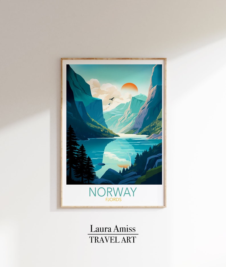 Norwegian Fjord Travel Poster Norway Poster Adventure Print for Living Room or Office Gift for Travelers image 1