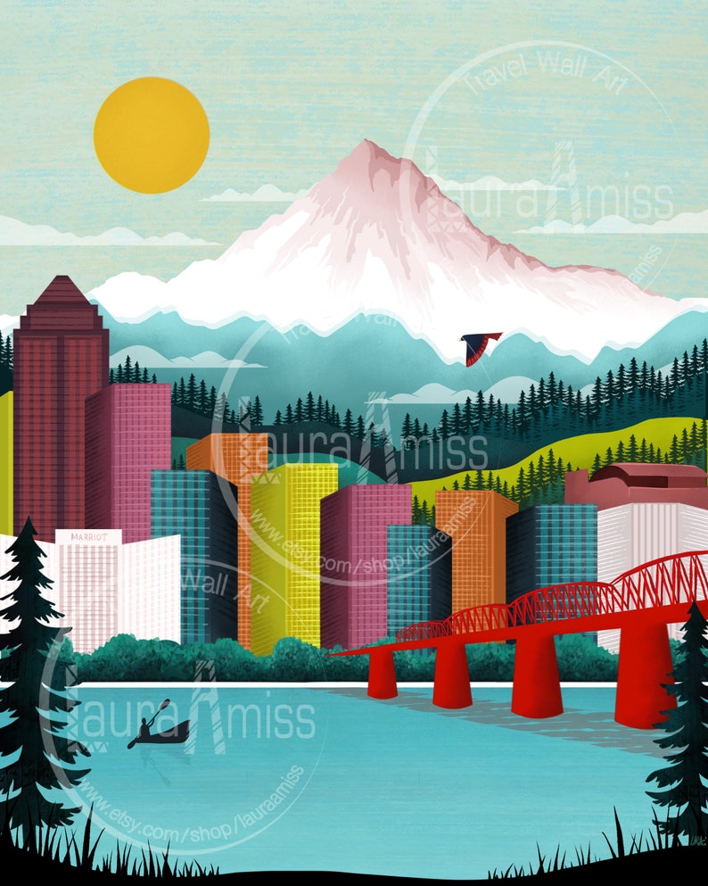 Portland Print Oregon Wall Art Portland Skyline Mount Etsy