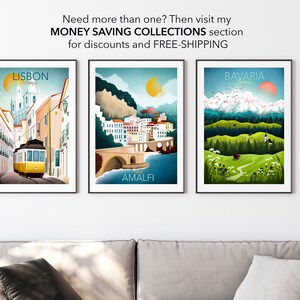 May include: Three framed travel art prints. The prints feature illustrations of Lisbon, Amalfi, and Bavaria. The Lisbon print shows a yellow tram on a cobblestone street. The Amalfi print depicts a coastal town. The Bavaria print shows mountains and a green landscape. Text on the image says "Need more than one? Then visit my MONEY SAVING COLLECTIONS section for discounts and FREE-SHIPPING."