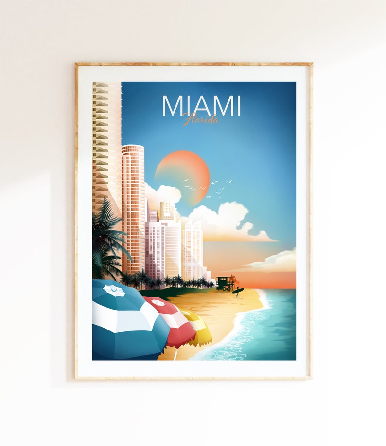 Miami Wandkunst, Miami Skyline, Florida Wandkunst, Reise Thema Wandkunst, Wohnzimmer Dekor, Büro Wandkunst Bild 1