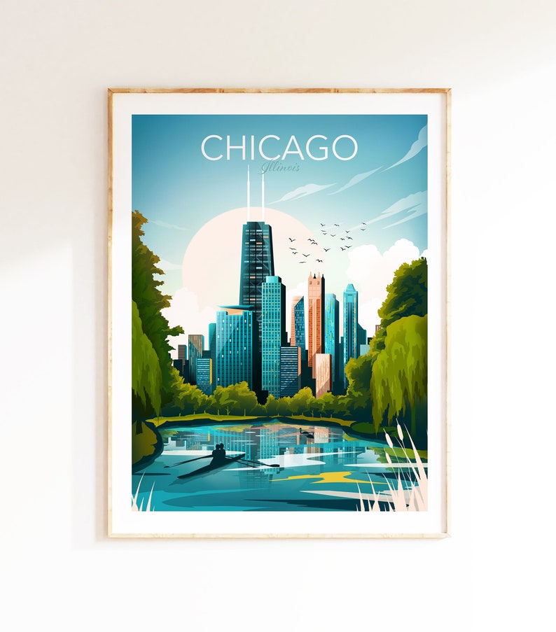 Chicago Illinois Travel Print, Chicago Skyline, Art Print, Travel Print, Travel Poster, Wall Art image 1