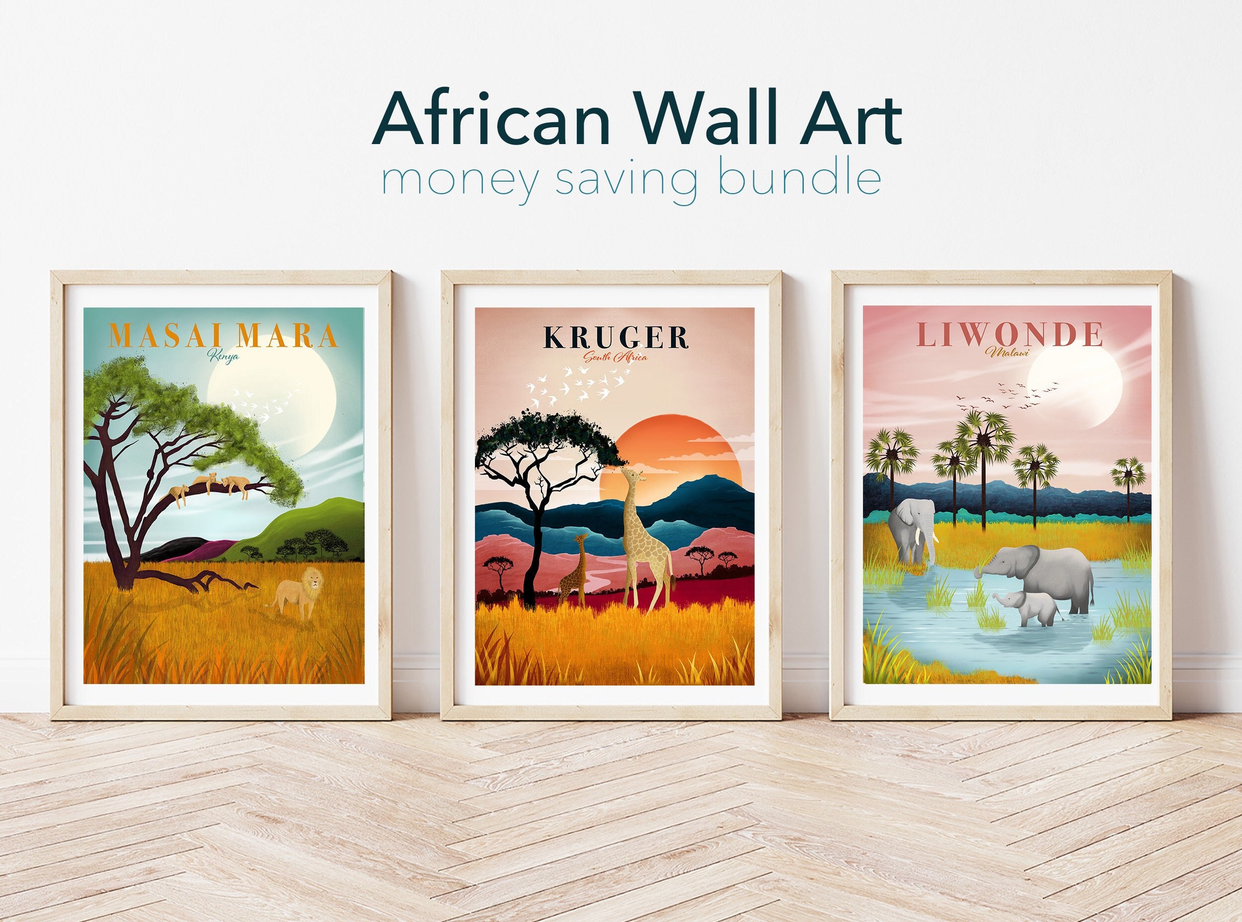 African Wall Art Set of 3 African Print Safari Nursery