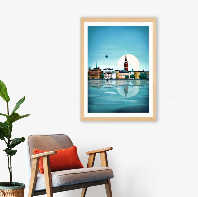 Stockholm print, skyline van Stockholm, Scandinavische kunst aan de muur, reisposter, woonkamer, kantoormuurkunst, cadeau, souvenir afbeelding 7