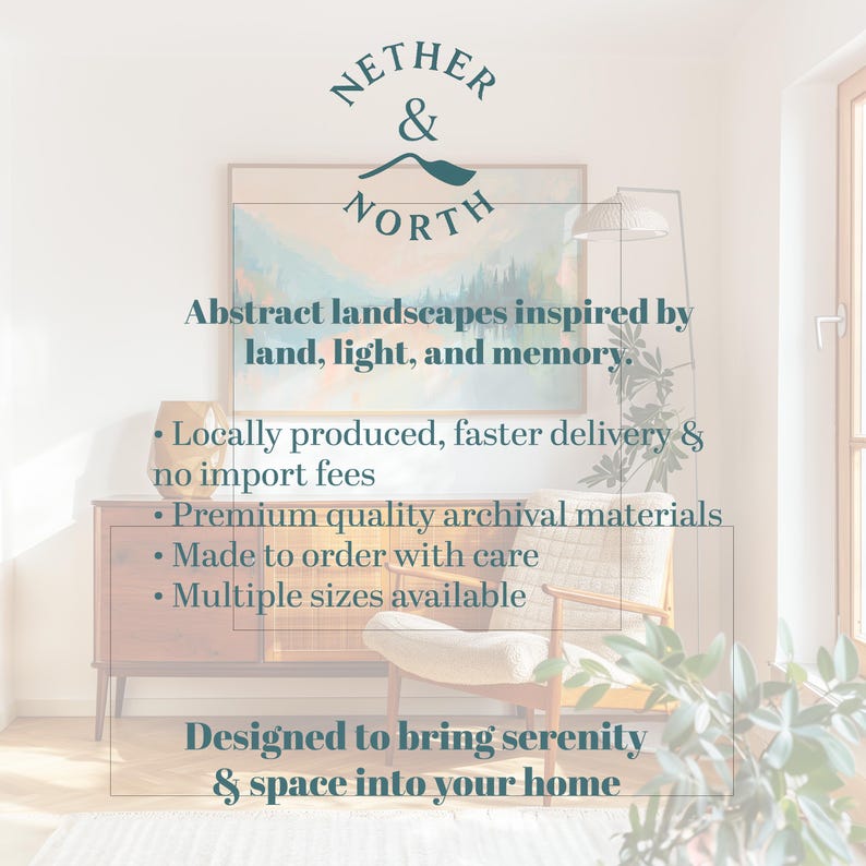 May include: An interior design image featuring a painting with abstract landscapes, a wooden cabinet, and a mid-century modern chair. The text reads "NETHER & NORTH" and "Abstract landscapes inspired by land, light, and memory."