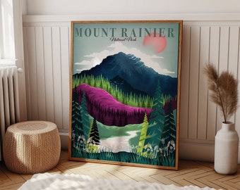 Mount Rainier Nationalpark Poster, Pazifischer Nordwesten, Washington State Kunst, Nationalpark Druck, Wohnzimmer Büro Wandkunst, Geschenk