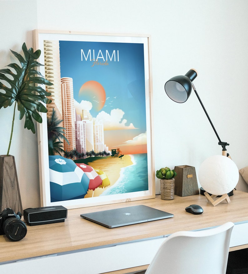 Miami Wandkunst, Miami Skyline, Florida Wandkunst, Reise Thema Wandkunst, Wohnzimmer Dekor, Büro Wandkunst Bild 3