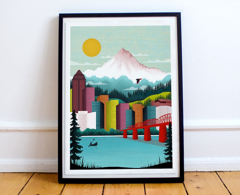Portland Print Oregon Wall Art Portland Skyline Mount Etsy