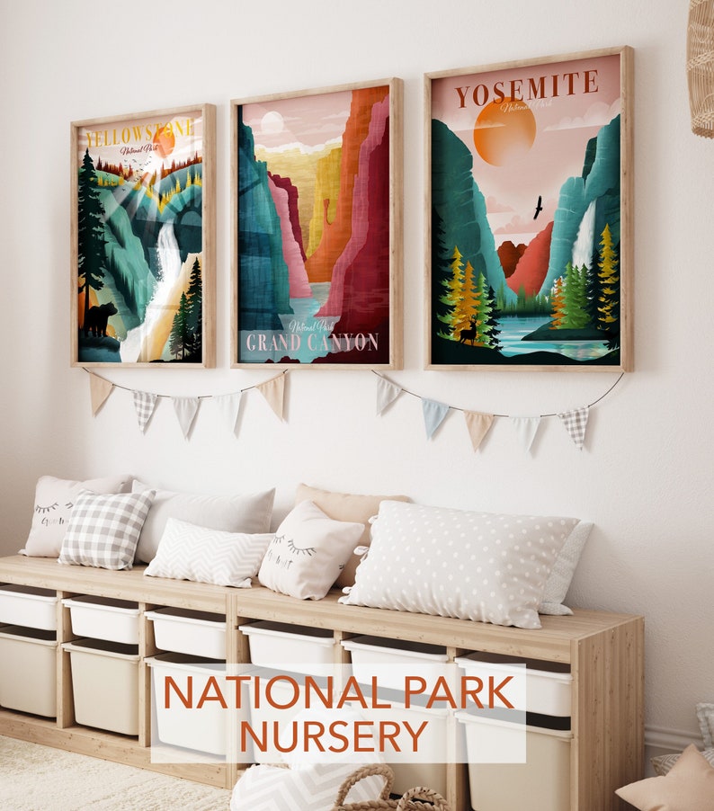 National Park Poster, Set of 3 Prints, Statement Wall Art, Travel Posters, Yosemite Grand Canyon Yellowstone Plus many more image 1