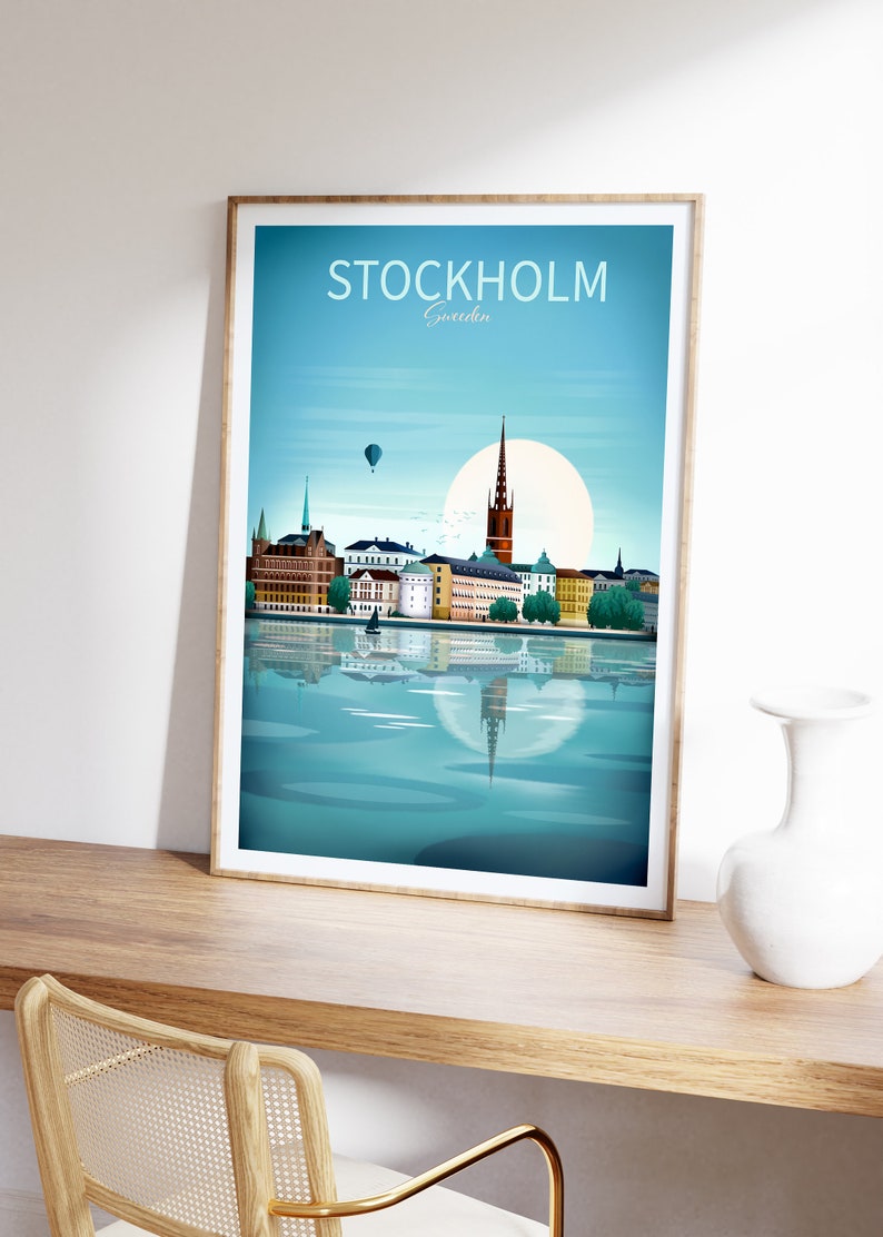 Stockholm print, skyline van Stockholm, Scandinavische kunst aan de muur, reisposter, woonkamer, kantoormuurkunst, cadeau, souvenir afbeelding 8